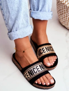 Čierno-zlaté papuče s korkovou podrážkou a zirkónmi