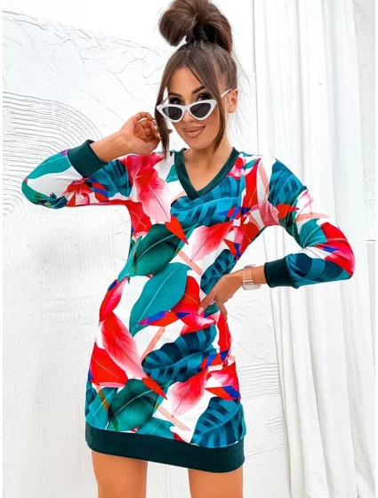 velurové šaty se vzorem listů model 19749921 - Moon velurové šaty se vzorem listů model 19749921 - Moon