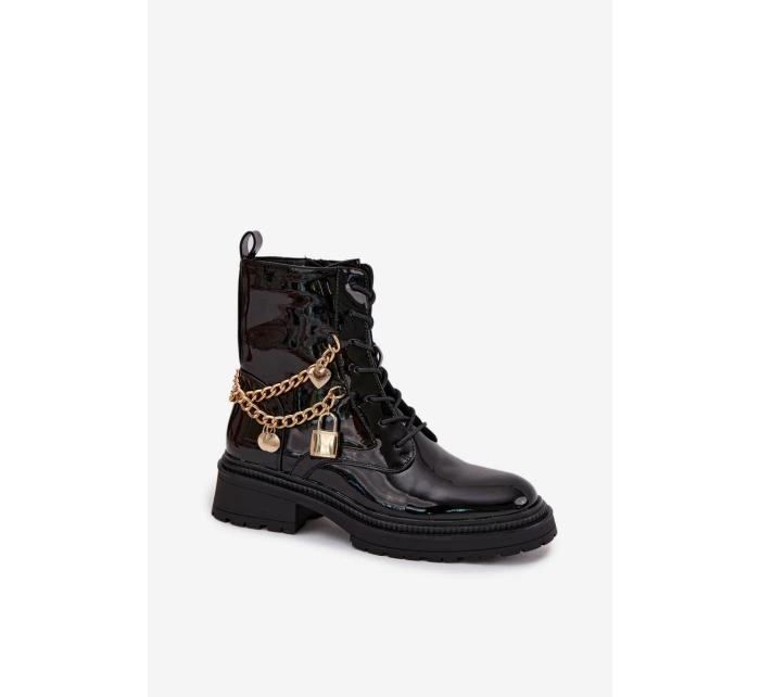 Lakované Botky Worker Se Zlatým Zateplené Černé model 21706803 - Boto