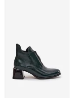 Skórzane Lakierowane Botki Na Klocku Z Ozdobnym Detalem Ocieplane Zazoo 60560 Ciemnozielone