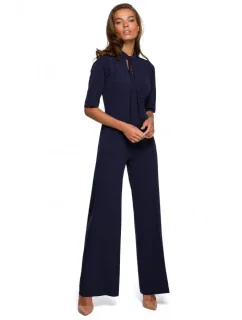 S243 Elegantný overal so zaväzovaním za krkom - tmavomodrý