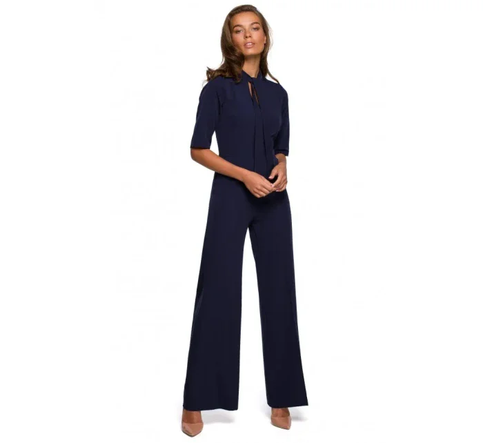 S243 Elegantný overal so zaväzovaním za krkom - tmavomodrý