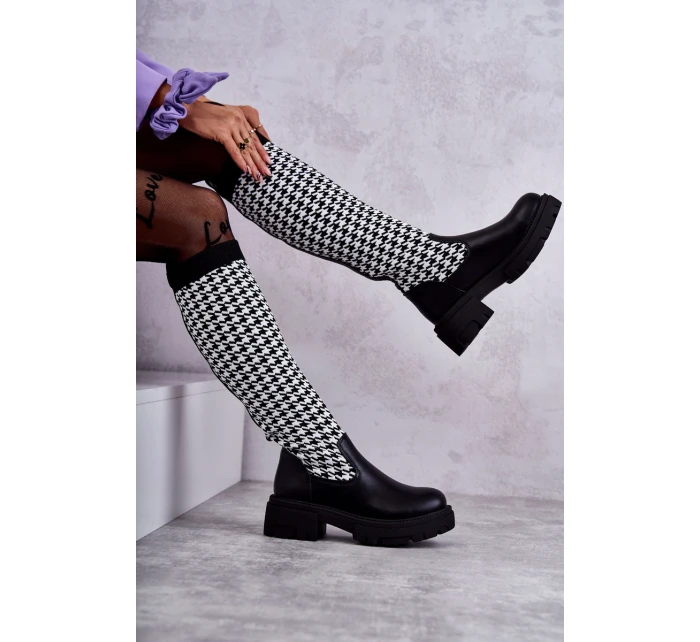 Damskie Kozaki Skarpetkowe W Pepitkę Czarno-Białe Avira Damskie Kozaki Skarpetkowe W Pepitkę Czarno-Białe Avira