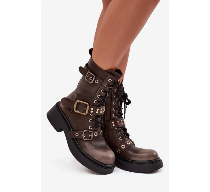 Ocieplane Botki Workery Damskie Z Klamrami Brązowe Marisse