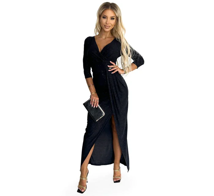 404-6 Dlhé trblietavé šaty s výstrihom a rozparkom na nohách - ČIERNE s trblietkami