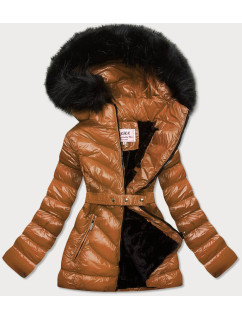 Lesklá zimná bunda v karamelovej farbe s machovitou kožušinou (W673)