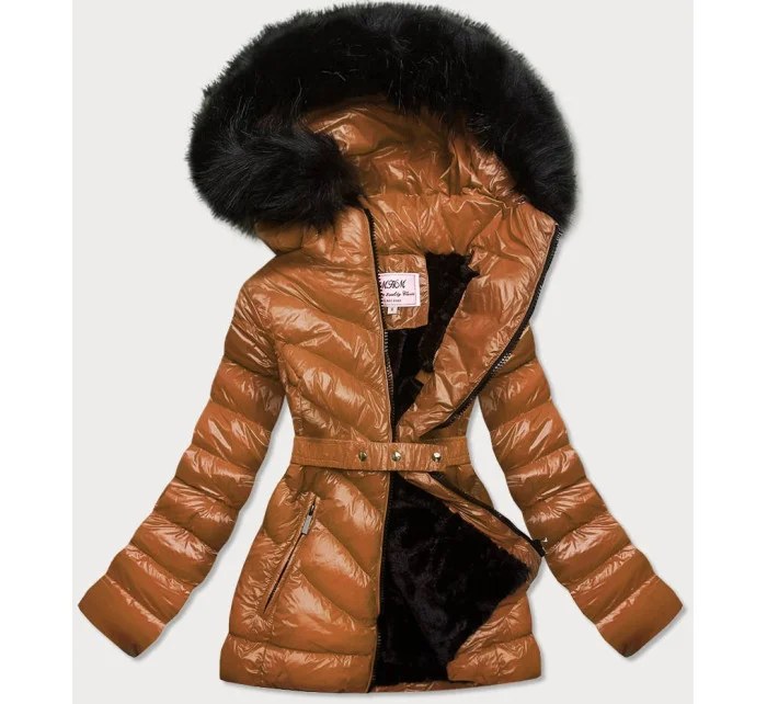 Lesklá zimná bunda v karamelovej farbe s mechovou kožušinovou podšívkou (w673)