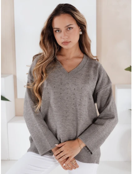 Dámský svetr s výstřihem do V šedý Dstreet model 21991008 - FashionStreet