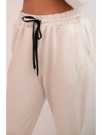Dámsky viskózový komplet s ozdobami a elastickými nohavicami béžovej farby
