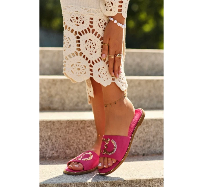 Dámske ploché papuče s flitrami S.Barski Fuchsia