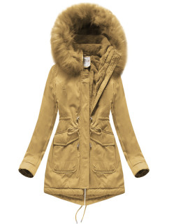 Dámska zimná bunda parka v horčicovej farbe s kapucňou (7617)