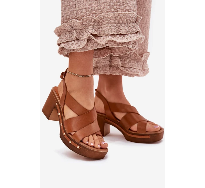 Skórzane Sandały Na Słupku Zazoo 1081 Brązowe