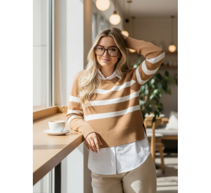Dámský pruhovaný svetr camel Dstreet model 21971150 - FashionStreet