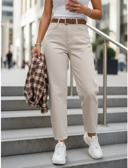 Dámske džínsy s vysokým pásom a opaskom béžovej farby FashionStreet UY2918