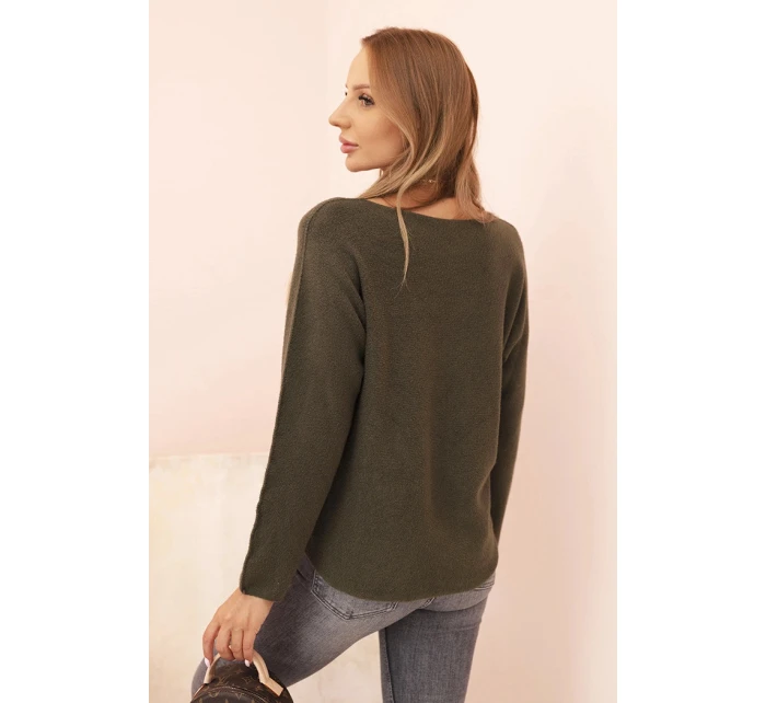 Dámsky viskózový sveter s výstrihom do V tmavej khaki farby Dámsky viskózový sveter s výstrihom do V tmavej khaki farby