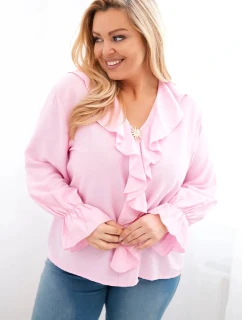 Plus veľkosť dámske viskózové blúzka s volánom a ozdobnou brošňou Sugar Pink