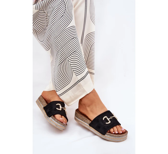 Klapki Damskie Na Platformie Ze Złotą Ozdobą I Brokatem Czarne Morisela Klapki Damskie Na Platformie Ze Złotą Ozdobą I Brokatem Czarne Morisela