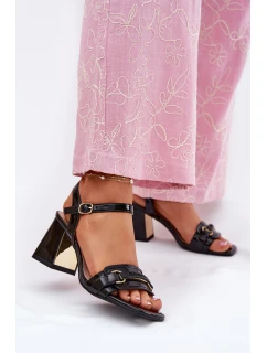 Skórzane Lakierowane Sandały Damskie Na Słupku Czarne Mevonelle