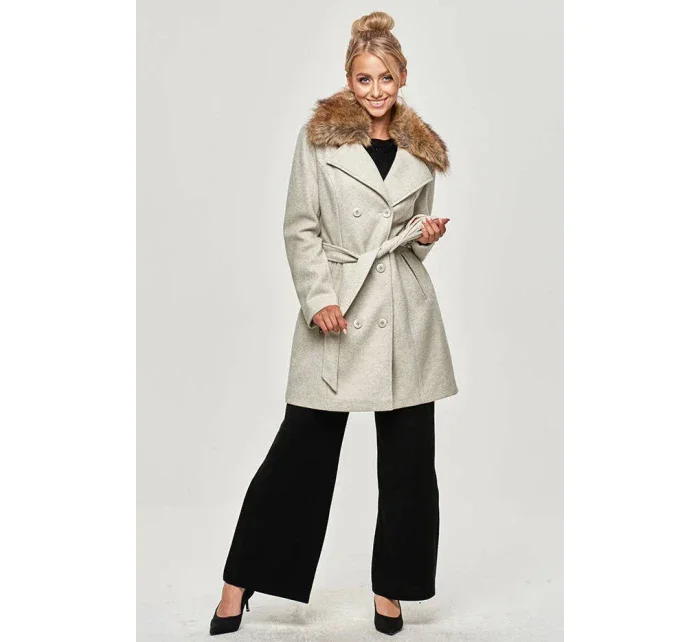 Šedý dámský kabát s kožešinou model 15834449 - Ann Gissy