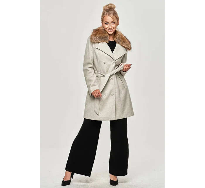 Šedý dámsky kabát s kožušinou (JC241)