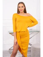 Asymetrické šaty, 3/4 rukávy, hořčicová barva Asymetrické šaty, 3/4 rukávy, hořčicová barva