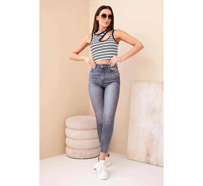 Dámsky rebrovaný pruhovaný top bez rukávov s prieramkami čierny