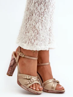 Skórzane Sandały Damskie Na Słupku Maciejka 06564-22 Beżowo-Złote