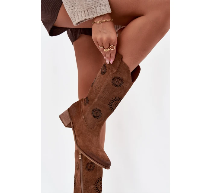 Ażurowe Kozaki Damskie Z Naturalnego Zamszu Na Klocku Zazoo 3793 Brązowe