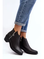 Skórzane Botki Damskie Z Niską Cholewką Na Słupku Z Suwakami Czarne Annaja Skórzane Botki Damskie Z Niską Cholewką Na Słupku Z Suwakami Czarne Annaja