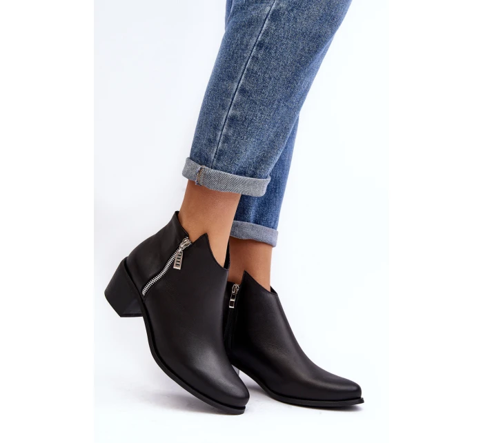 Skórzane Botki Damskie Z Niską Cholewką Na Słupku Z Suwakami Czarne Annaja Skórzane Botki Damskie Z Niską Cholewką Na Słupku Z Suwakami Czarne Annaja