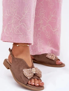 Dámske sandále s mašľou na nízkom podpätku S.Barski - tmavo béžové