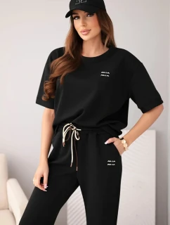 Dámsky viskózový maslový set s krátkym rukávom a nohavicami s ohrnutými nohavicami čierny