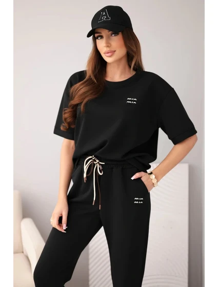 Dámsky viskózový maslový set s krátkym rukávom a nohavicami s ohrnutými nohavicami čierny