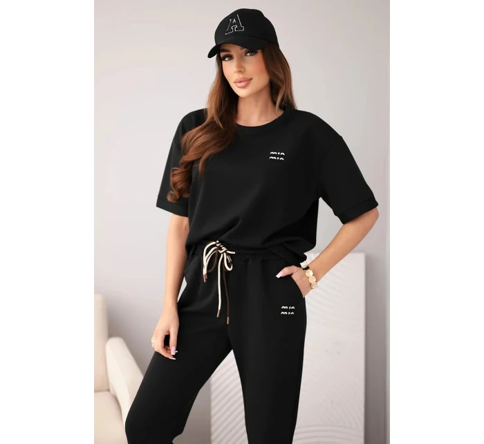 Dámsky viskózový maslový set s krátkym rukávom a nohavicami s ohrnutými nohavicami čierny