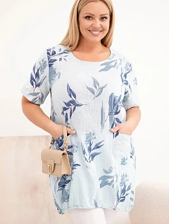 Dámská bavlněná halenka Plus Size s krátkým rukávem a zavazováním dole modrá