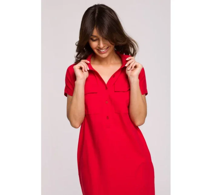 B222 Safari šaty s vreckami s chlopňou - červené B222 Safari šaty s vreckami s chlopňou - červené