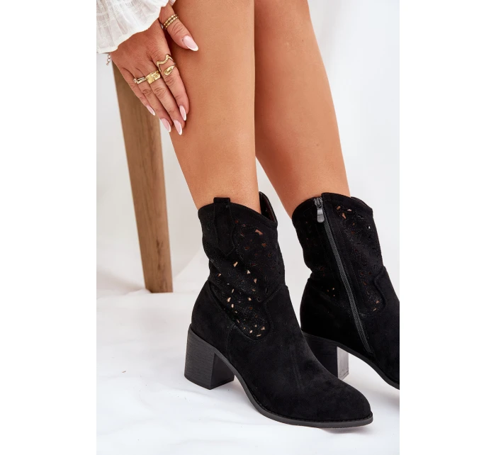 Dámské Ažurové Kožené Botky Na Podpatku model 21686926 Černé - S.Barski