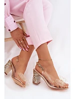 Sandály na podpatku s krystaly síťová mašle D&A MR61-9010 Zlaté