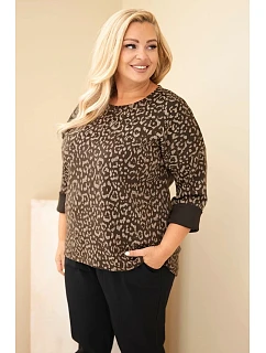 Dámska blúzka Plus Size s leopardím vzorom a predĺženým zadným dielom, hnedá