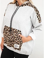 Dámska mikina Plus Size z viskózy s kapucňou a leopardovými detailmi, sivá