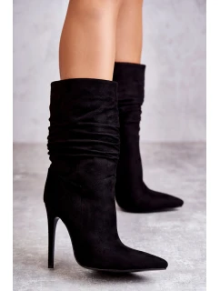 Damskie Marszczone Botki Kozaki Czarne Laguna