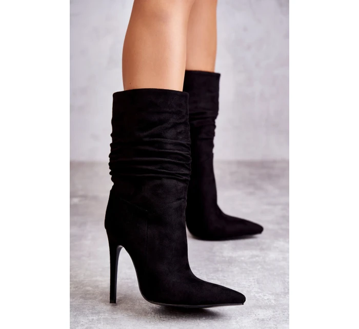 Damskie Marszczone Botki Kozaki Czarne Laguna