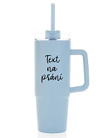TEXT NA ŽIADOSŤ - svetlomodrý cestovný termohrnček s priehľadným viečkom 900 ml