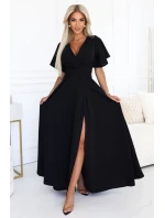 dlouhé šaty s rozparkem na rukávy a výstřihem černé model 21290293 - numoco