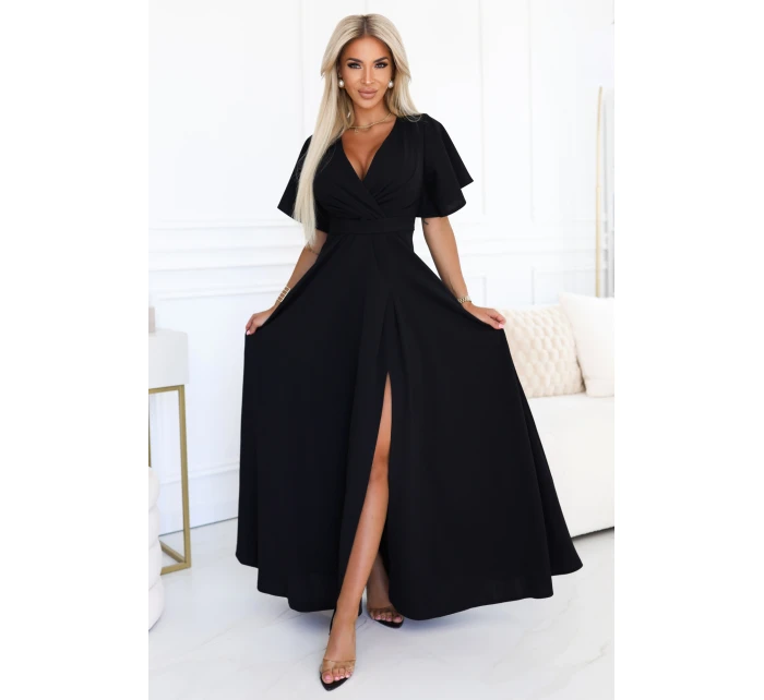 dlouhé šaty s rozparkem na rukávy a výstřihem černé model 21290293 - numoco