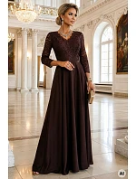 309-14 AMBER elegantné dlhé čipkované šaty s výstrihom - čokoládové