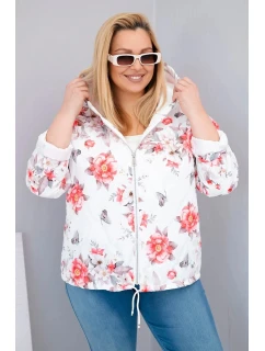 Plus veľkosť dámske jarné prešívané bundy s kapucňou a kvetinovým vzorom biela