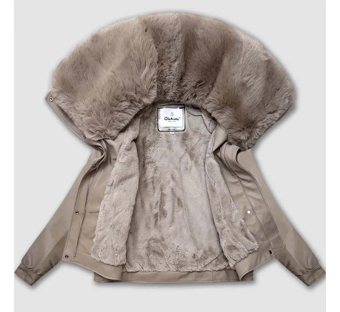 Béžová kožená bunda s veľkým kožušinovým golierom Glakate (LU98090#)