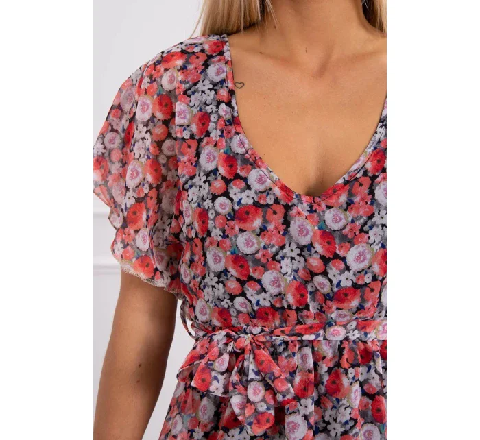 Květinové šaty s vázáním v pase černé