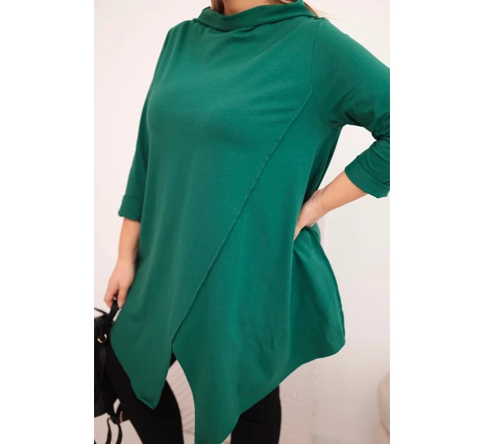 Dámske Plus veľkosť bavlnená blúzka asymetrické s roll-up rukávy tmavo zelená
